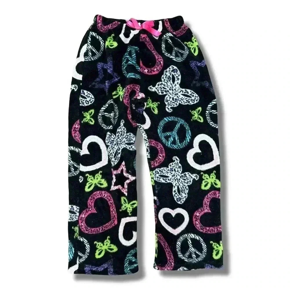 🌟 Girls' Black Plush Pajama Pants Heart & Peace Sign Print Size S 🌟